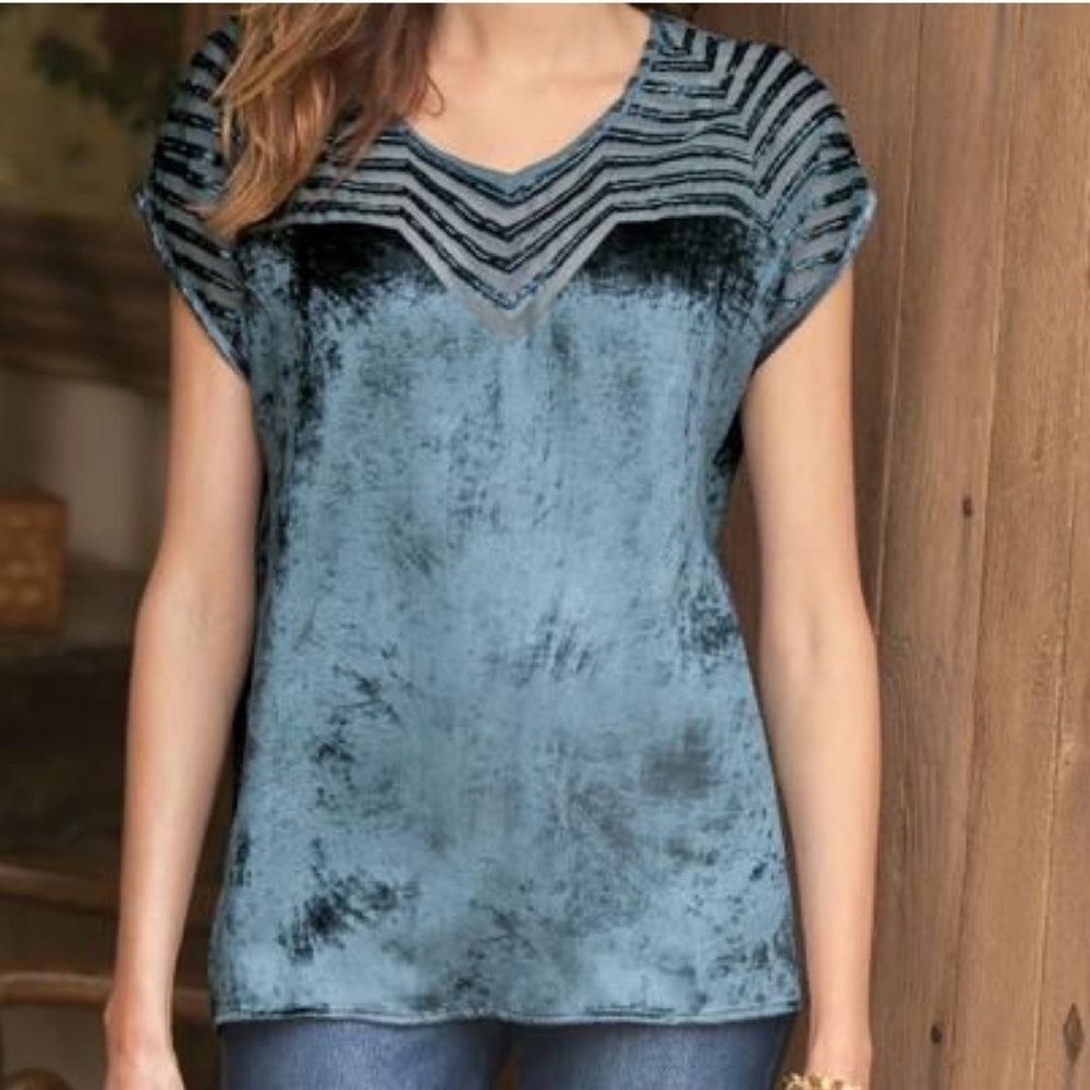 Soft Surroundings Womens S Noveau Teal Blue Beaded Velvet Short Sleeve Blouse